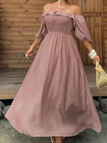 Dazy Plus Plus Size Women's Off Shoulder Ruffle Collar Puff Sleeve Tie Waist Solid Color Maxi Dress, Casual Vacation Wear For Spring/Summer Sundress Pink - Pink - View 6