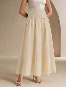Anewsta New Arrival Spring/Summer Fashionable Elegant Vacation Style Outing Date Festival Water-Soluble Embroidery Flared Maxi Skirt For Women - Apricot - View 3
