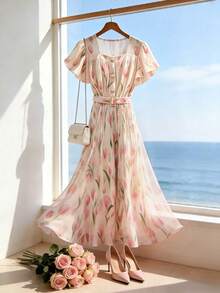 Franclia Đầm midi nữ mới cổ vuông, viền bèo, eo xếp ly - Hồng - Xem 5