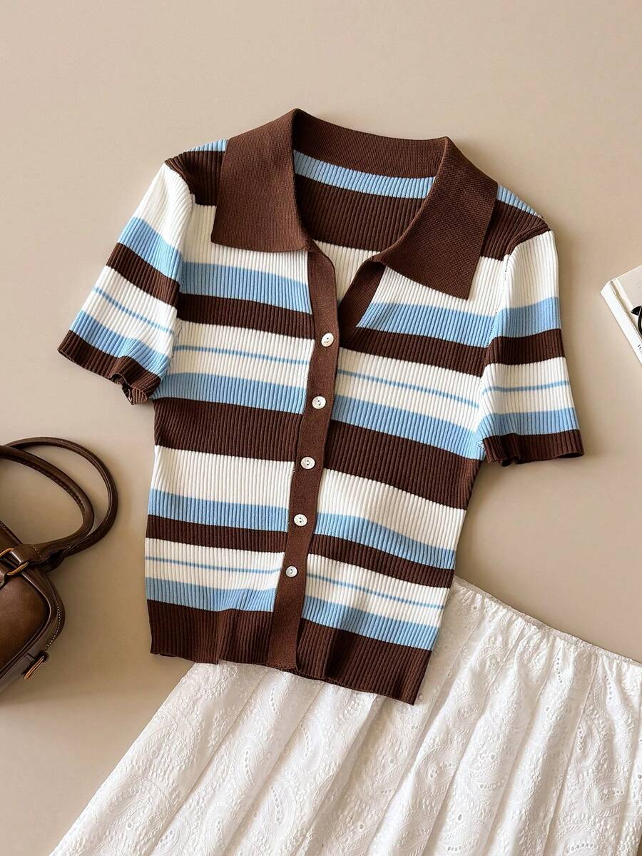 SHEIN Unity 女款條紋針織上衣,辦公通勤商務專業正式服裝,工作服,日,六月節日,畢業典禮,優雅都市休閒,90年代老錢風,婚禮賓客,伴娘,女主人,外出,約會,生日派對,聚會,度假,海灘,鄉村風,音樂會,旅行,極簡穿搭,早午餐,下午茶派對,機場 - 彩色 - 查看 1