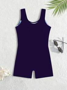 SHEIN Traje de baño de una pieza con estampado botánico para niña preadolescente - Azul Marino - Ver 2