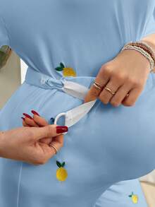 GentleRue Maternity Maternity Casual Lemon Embroidery T-Shirt And Pants 2 Pieces Set Maternity Photoshoot Light Blue Summer - Blue - View 5