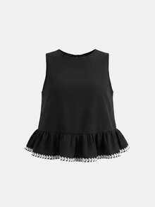 SHEIN 少女紫色纹理编织露背蝴蝶结撞色休闲连体裤，春夏度假休闲装 - 黑色 - 查看 5