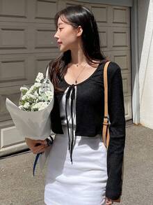 DAZY Solid Tie Front Crop Tee Long Sleeve Women Tops - Black - View 4