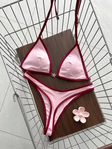 Swim Mod Spring/Summer Solid Color Triangle Wireless Halter Backless Top And Swim Shorts Women Sexy Bikini Set For Beach Vacation - Pink - View 3