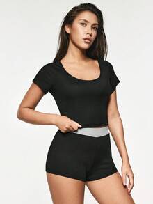 SHAPORA Women's Tight-Fitting U-Neck Pajama Set - Black - View 4