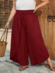 SHEIN CURVE+ Quần ống loe dáng suông, size US22, thích hợp cho các lễ hội âm nhạc, kỳ nghỉ biển, phong cách bohemian, màu trơn, thời trang thường ngày, phù hợp mặc mùa hè. - Màu Đỏ Sâu - Xem 4