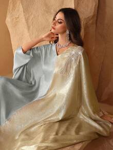 Al Najma Middle Eastern Style Elegant Bat Wing Patchwork Jacquard Dubai Turkey Abaya Dress, Slimming - Mint Green - View 7