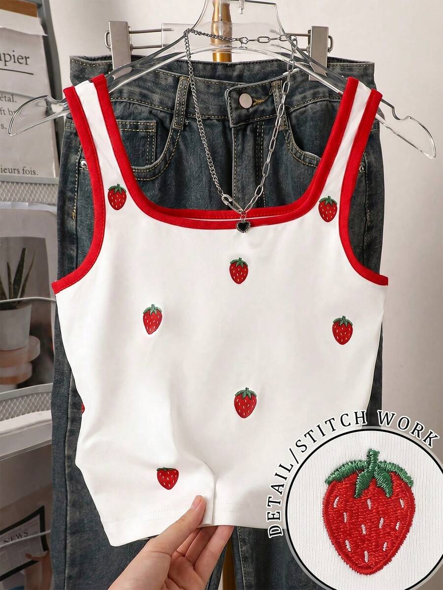Tween Girl Contrast Trim Sleeveless Wide Strap U-Neck Casual Tank Top, Summer - Multicolor - View 1