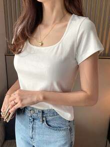 DAZY Women's Round Neck Solid Color Basic White Short Sleeve T-Shirt, Spring/Summer - White - View 2
