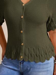 Elaquor Plus Size Women Casual Solid Color Short Sleeve Cardigan - Olive Green - View 7