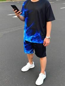 青少年男孩黑色夏季街頭風套裝，火焰漸層印花圓領短袖T恤與短褲2件組，休閒返校服飾 - 綠色 - 查看 7