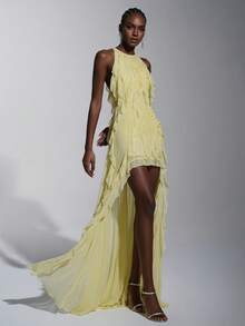 Elitara Elegant Minimalist Multi-Layered Ruffled Cold Shoulder Asymmetrical Fishtail A-Line Romantic Women's Formal Evening Gown - Light Yellow - View 8