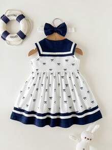 SHEIN Newborn Cotton Sailor Style Cute Dress With Bow Headband, Short Sleeve Dress Outfit For Party, Holiday, Outing, Photoshoot, Adorable, Skin-Friendly, Loose & Comfortable, Sweet, Elegant, Collared Full Button Front Design - Black and White - View 2