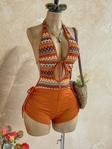 Soleia Neue Urlaubs-Strickjumpsuit mit strukturierter Ausschnitt-Zugkordel, bohemian, boho, romantisch floral, geeignet für Party, Date, Valentinstag, Ostern, Karneval, Nachmittagstee, Strand, Kreuzfahrt, Stadturlaub - Orange - Übersicht 8