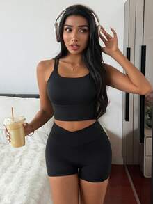 DAZY 2pcs/Set Crop Top Camisole And Shorts, Solid Color Women Sports Bra And Shorts Set, Summer - Black - View 7