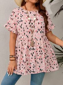 EMERY ROSE Plus Size Casual Resort Style Ruffled Sleeve Allover Print Shirt,Summer Outfits For Women/Summer,Tropical Vacation Woman Clothes - Coral Pink - View 3