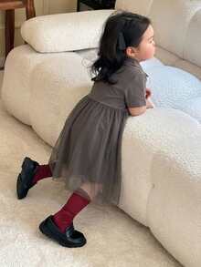 Dazy Kids 女嬰圓領休閒網布拼接中長洋裝 夏季幼兒 - 灰色 - 查看 2