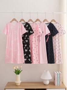 Mädchen süßes Schaf Muster bequemer 2-teiliger Rundhals Kurzarm Lang Nachthemd Loungewear - Verschiedenfarbig - Übersicht 1