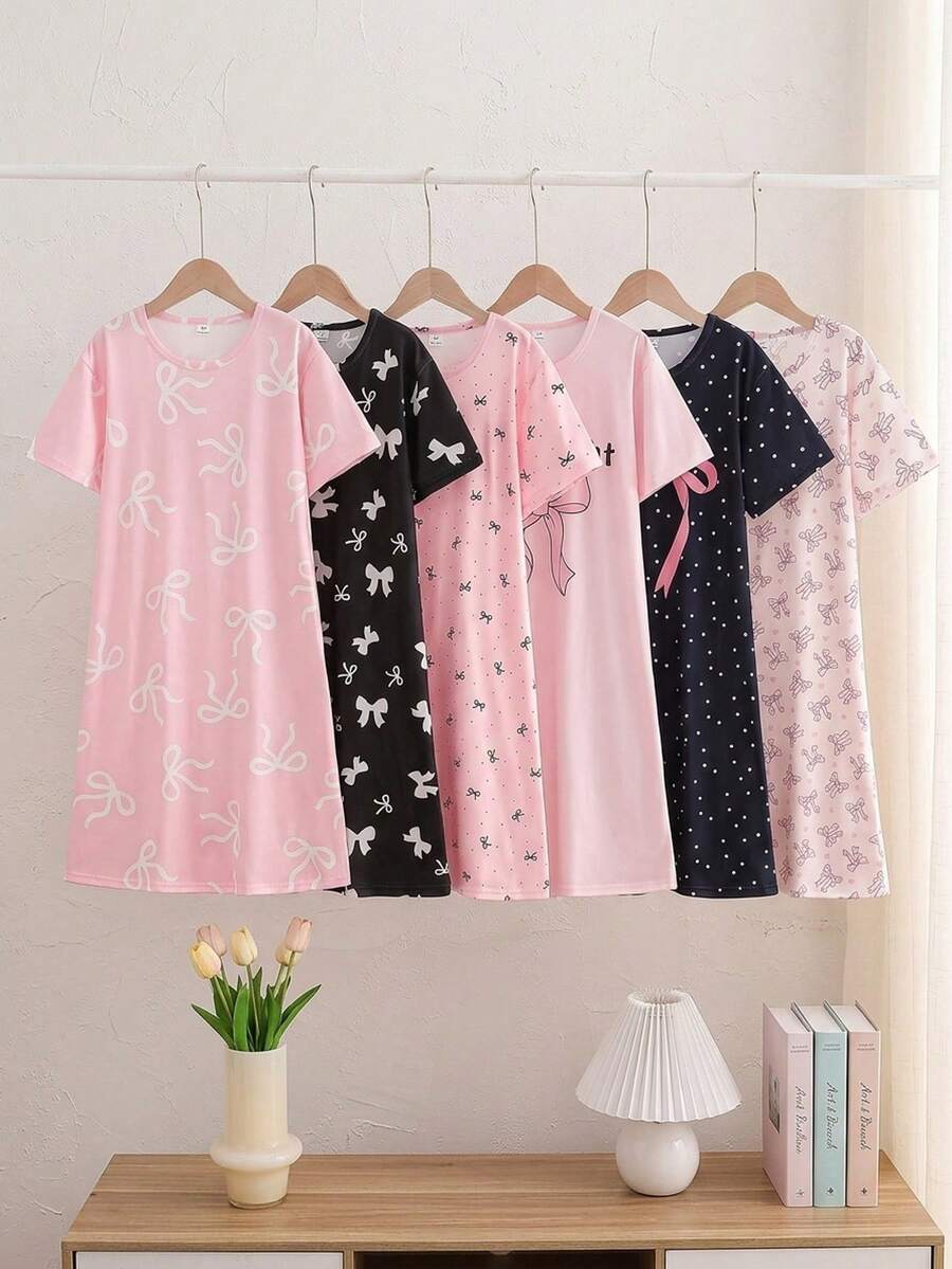 Mädchen süßes Schaf Muster bequemer 2-teiliger Rundhals Kurzarm Lang Nachthemd Loungewear - Verschiedenfarbig - Übersicht 1