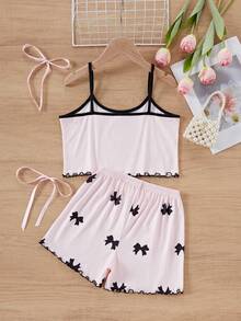 SHEIN Setelan Piyama Camisole Lengan Pendek Motif Bahagia untuk Anak Perempuan, Cocok untuk Musim Gugur, Musim Dingin, dan Sepanjang Tahun - Berwarna merah muda - View 2