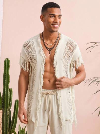 Manfinity VCAY Áo len cardigan có viền tua rua cổ điển dành cho nam, dài trễ vai phong cách Boho