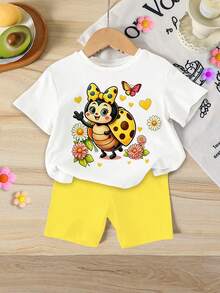 Cute Ladybug Print Colorblock Bow Tee And Shorts 2Pcs Set For Baby Girls, Refreshing Sweet Daily Outfit, Suitable For Spring/Summer, Daily Wear, Outdoor Play, Beach Holiday, Weekend Outing - Multicolor - View 4