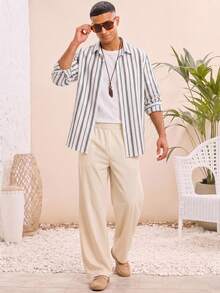 Manfinity VCAY 男士休闲商务度假派对海军蓝条纹领长袖衬衫和松紧腰仿棉长裤套装，秋冬 - 藍色 - 查看 1