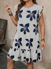 Breezaya Plus Size Women Round Neck Ruffle Sleeve Floral Print Loose Summer Vacation Dress - Blue - View 5