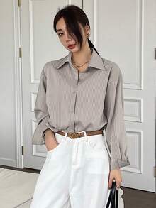 DAZY Women's Loose Striped Casual/School Shirt - Khaki - View 8