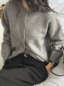 DAZY 1pc Women Solid Color Minimalist Knit Cardigan,Fall Clothes - Grey - View 6