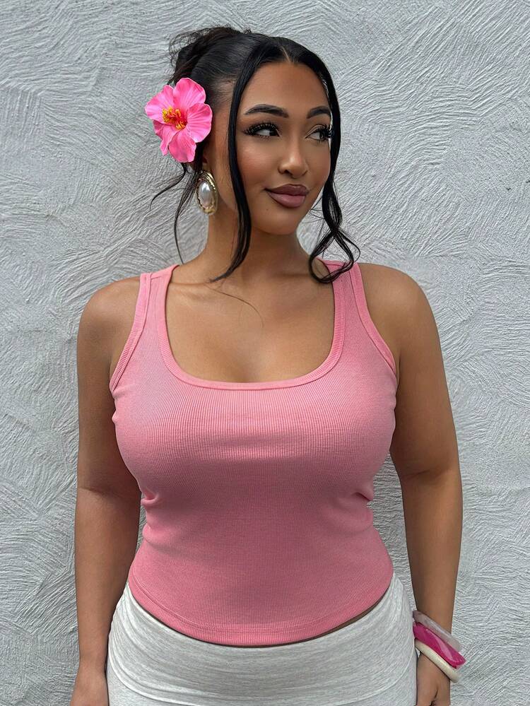 Dazy Plus Plus Size Women Solid Color Elastic Fitted Bright Pink Wrap Vacation Style Camisole Top, Spring/Summer