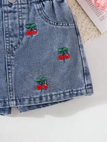 Genkimix Kids 少女休闲百搭牛仔裙裤，带口袋，樱桃刺绣设计 - 中等水洗藍 - 查看 5