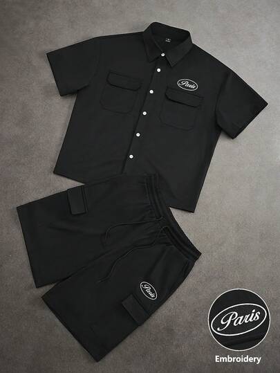 STYNVO Men's Comfortable Solid Color Twill Fabric Short Sleeve Shirt And Drawstring Elastic Waist Shorts Set, Multi-Pocket Embroidered Shirt Suit, Suitable For Men's Casual, Vacation, Hangout With Friends, Party, Office, Business, Especially Suitable For Spring And Summer
