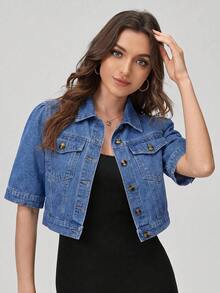 EMERY ROSE Plus Size Solid Color Front Button Casual Short Sleeve Denim Jacket, Summer - Blue - View 1
