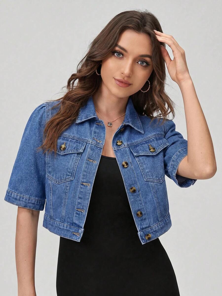 EMERY ROSE Plus Size Solid Color Front Button Casual Short Sleeve Denim Jacket, Summer - Blue - View 1