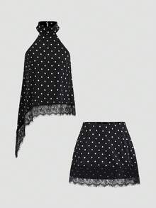Sweetra 女款黑白波點 1960 年代復古優雅夏季夜生活派對兩件套，鈕扣領蕾絲拼接不對稱下擺上衣與裙子 - 黑色 - 查看 1