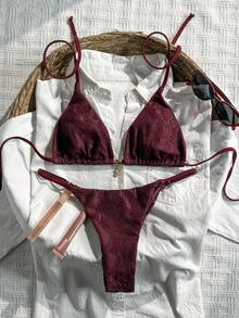 Swim Mod 2pcs Lace Halter Backless Sleeveless Sexy Bikini Set For Women, Summer - Purple - View 4