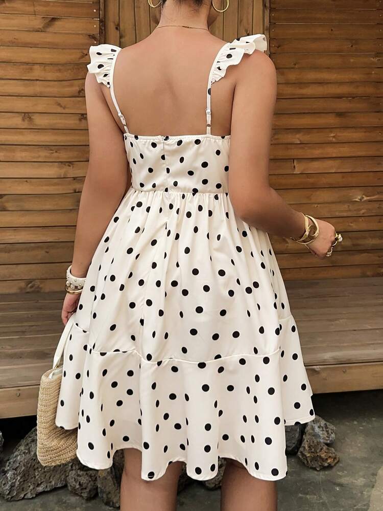 Dazy Plus Fashionable Polka Dot Deep V-Neck Frill Trim Waist Cinched Sexy Mini Dress Dress, Plus Size, Revealing, Spring/Summer