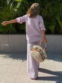 DAZY 女士翻领宽松衬衫搭配直筒裤休闲套装，粉色，优雅又不失青春活力 - 淡紫色 - 查看 4