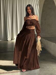 Opulessa Women's Solid Color Woven Off-Shoulder Top & Skirt 2-Piece Set, Spring/Summer,Summer Outfits For Women - Brown - View 6