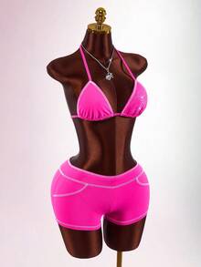 Amplova Bộ đồ hè mới, Áo bikini tam giác gợi cảm dành cho nữ, quần short ôm sát cạp thấp, trang phục nữ. - Màu Hồng Tươi - Xem 4