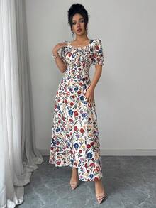 Rafferiza Women's Elegant Floral Print Square Neck Dress, Ruffle Trim, Ruffle Sleeves, Suitable For Spring, Summer, Autumn Short Dress - Multicolor - View 4