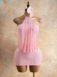 Mistrie Light Pink Halter Neck Mesh Covered Bodycon Mini Dress For Vacation Boho Sexy Tech Summer Party Party Night Club Night Out Outfit, Dress, Mini Dress - Multicolor - View 8