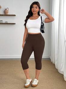Enliva Plus-Size Solid Color High-Waisted Casual Leggings, 95% Cotton, Stretch Cropped Length Leggings, For Apple And Rounded Body Shape - Brown - View 5