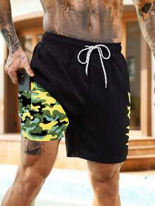 Manfinity KASUA Celana Pendek Pantai Pria Motif Huruf dengan Tali Serut di Pinggang dan Kantong, Cocok untuk Liburan - MultiWarna - View 4