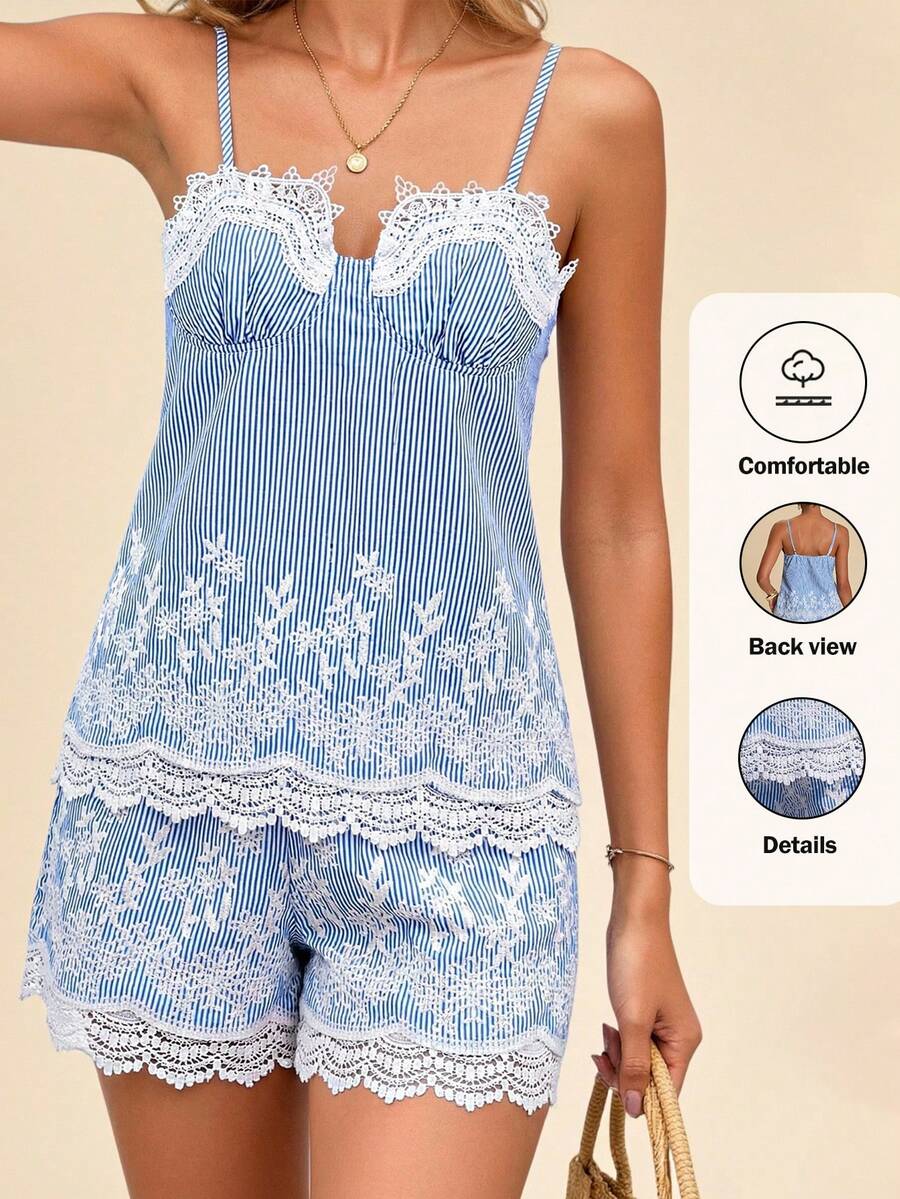 Travachic Women's 2026 New Summer Beach Vacation Striped Print Embroidered Contrast Lace Camisole And Shorts Set - Blue and White - View 1
