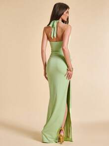 SHEIN BAE Đầm xẻ tà màu xanh lá cây cổ yếm xoắn nhún bèo, gợi cảm và dịu dàng cho kỳ nghỉ biển, hẹn hò. - màu xanh lá - Xem 2