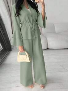 Veilorie Women's Stylish Sage Green Two-Piece Outfit With Ruffle Cuff Jacket And Wide Leg Pants - Green - View 10