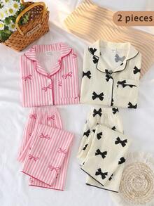 Girls' Apricot Bowknot Bubble Print Short Sleeve Pajama Set - Multicolor - View 2